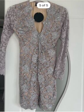 Embroidered Long-Sleeve Lace Dress in Dusty Lavender